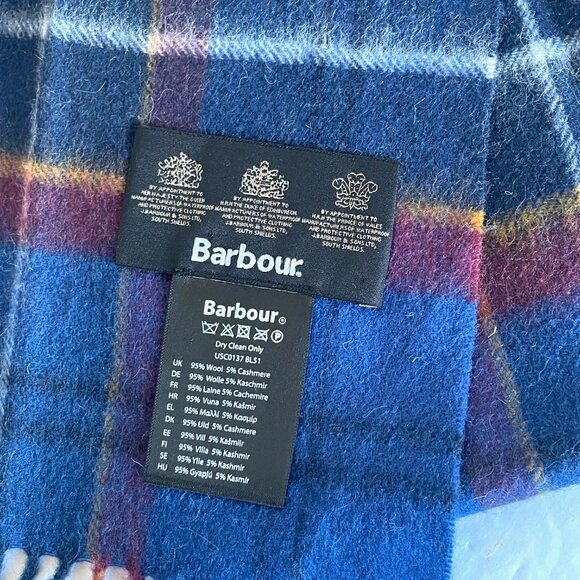 Barbour Tartan Plaid Wool Cashmere Scarf Blue Red Long Fringed Classic Unisex - Picture 4 of 5